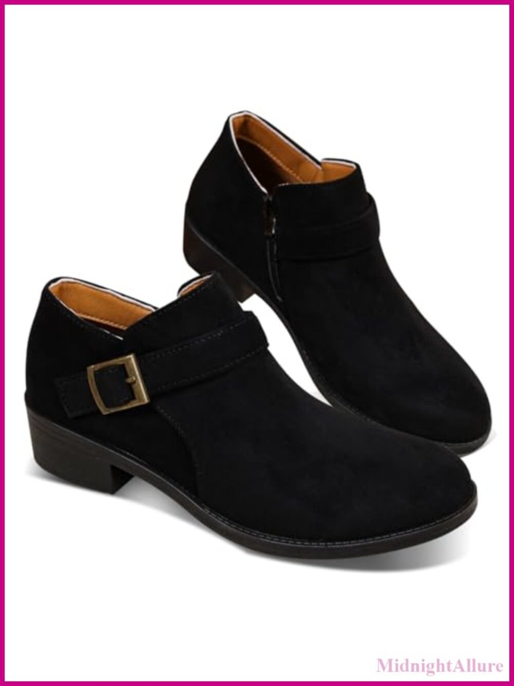 Suede Ankle Boots Low Block Heel Buckle Strap Western Casual